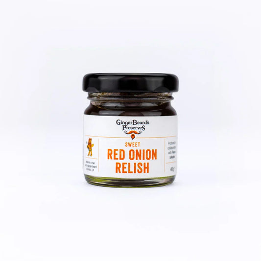 Jar of miniatures Red Onion Relish for sandwiches and cheese platters.