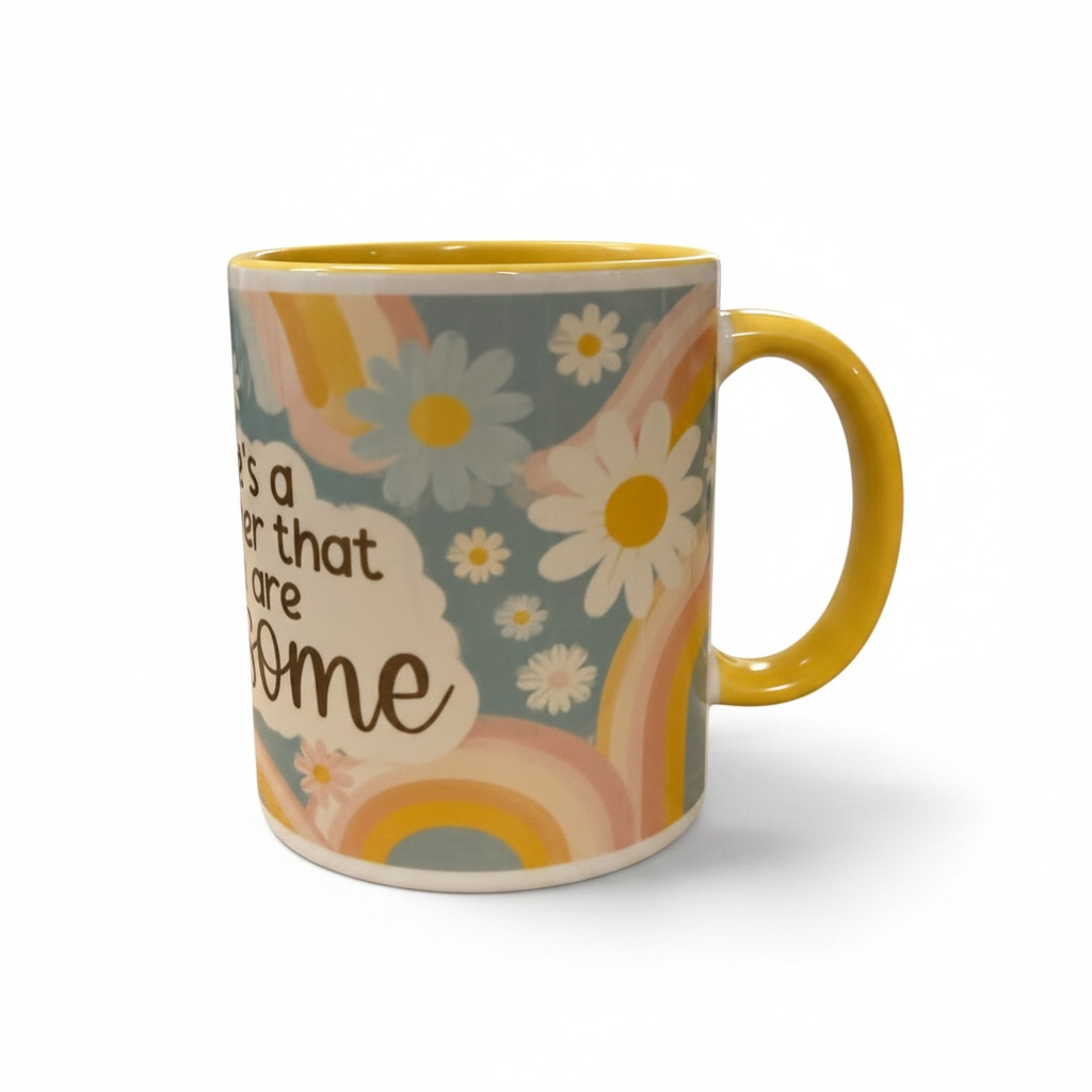 A ceramic coffee mug with a retro 1970s design, featuring a pastel rainbow, daisies, and the text 'It's a pleasure that are home' on a white background.