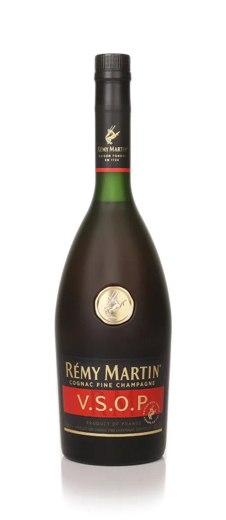 Remy Martin VSOP Fine Champagne Cognac bottle with black and red label.