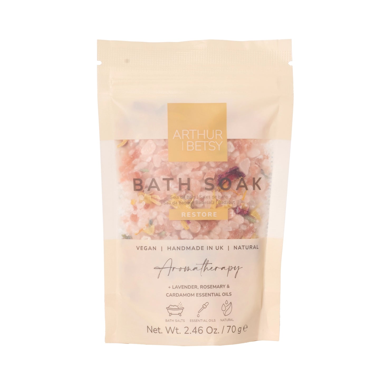 Arthur & Betsy Restore Bath Soak with lavender, rosemary & cardamom essential oils in a 70g pouch.