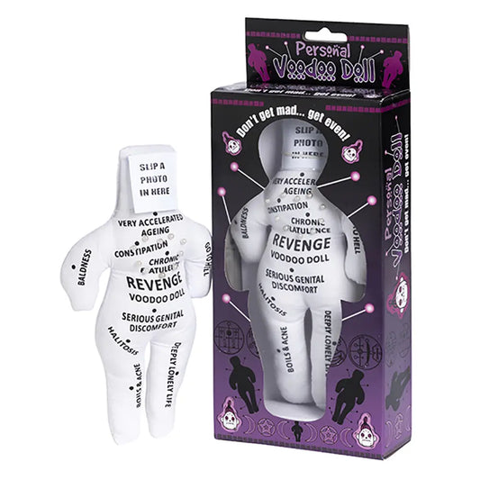 Novelty Revenge Voodoo Doll with pins and photo sleeve for stress relief.