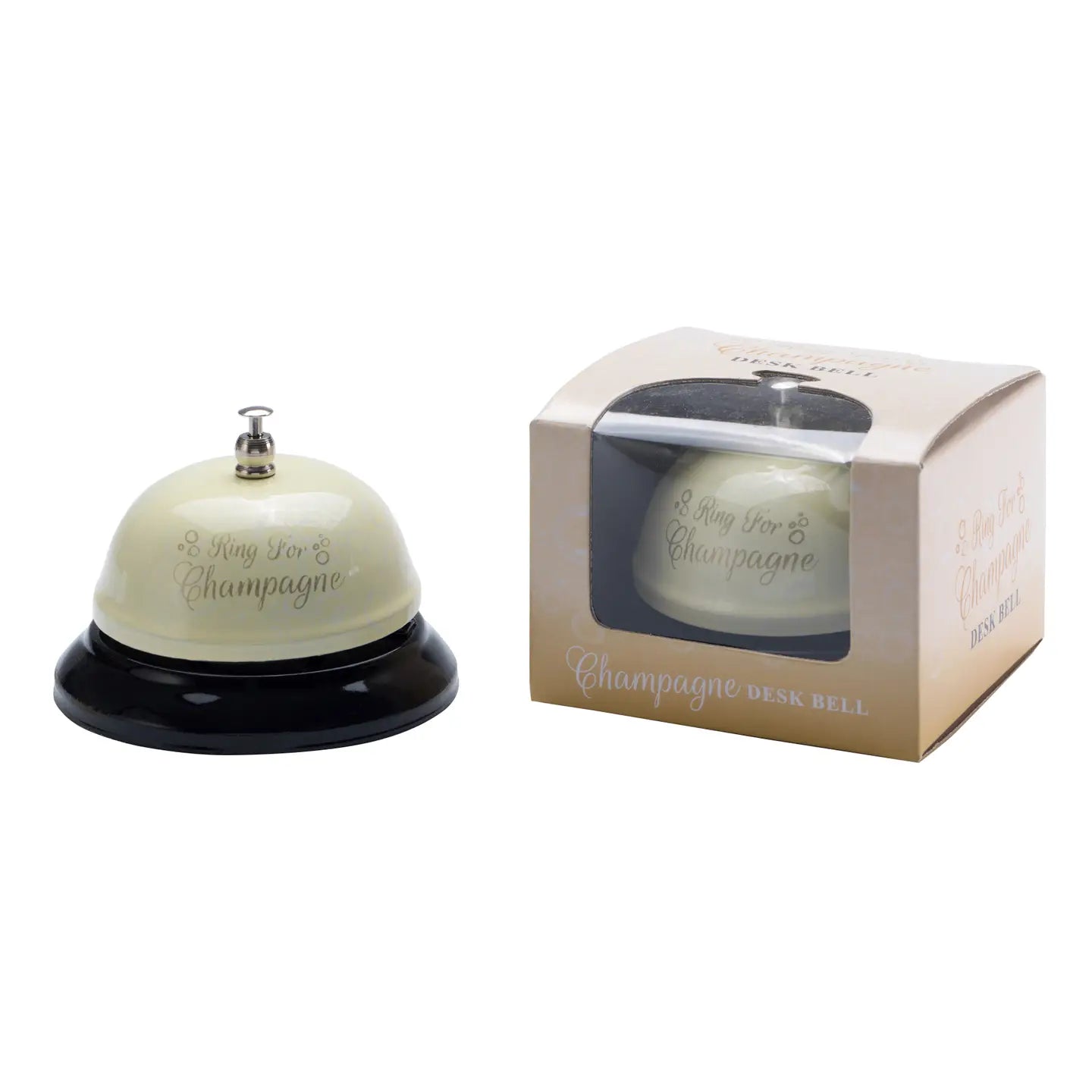Champagne desk bell gift in packaging labeled "Ring For Champagne".