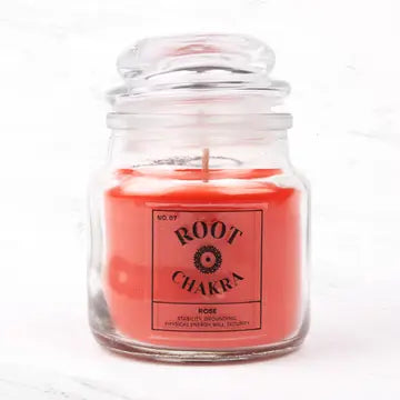 Seven Chakra Candle with grounding rose scent in glass jar.