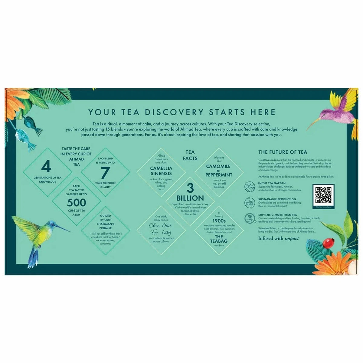 Ahmad Tea collection with 15 different tea blends and 90 individually wrapped teabags in assorted flavours.