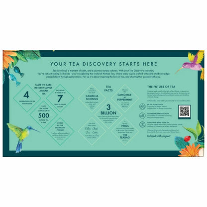 Ahmad Tea collection with 15 different tea blends and 90 individually wrapped teabags in assorted flavours.