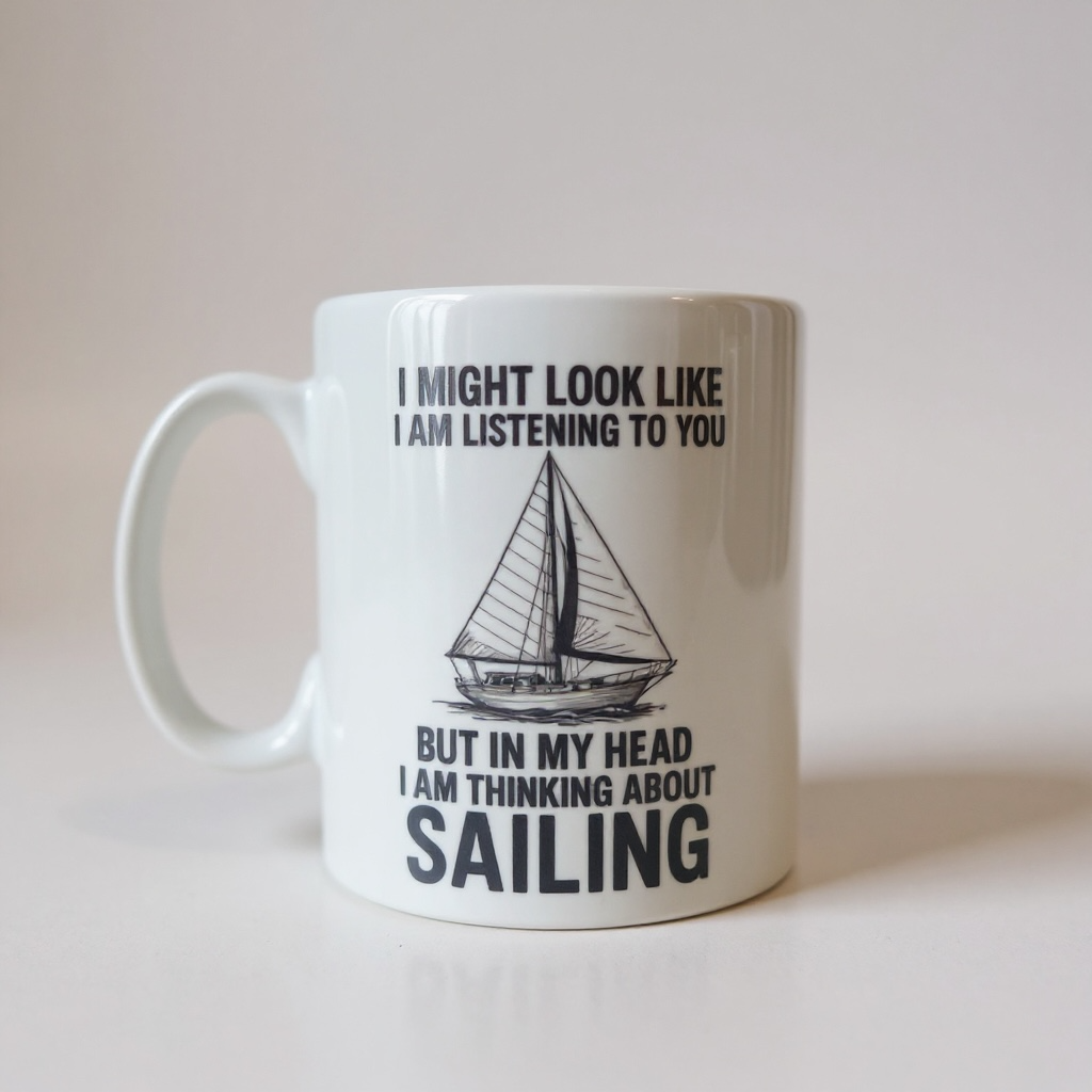 White mug with sailboat illustration and quote: “I might look like I am listening to you… but in my head I am thinking about sailing.