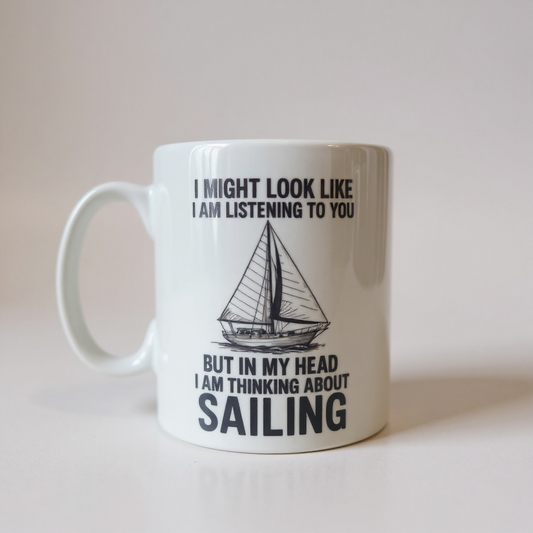 White mug with sailboat illustration and quote: “I might look like I am listening to you… but in my head I am thinking about sailing.