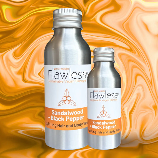Sandalwood & Blackpepper hair and body wash in 100ml bottle with sustainable packaging.