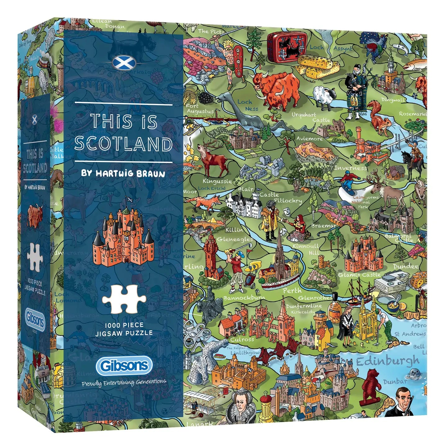 1000-piece Scotland jigsaw puzzle illustrated by Hartwig Braun featuring landmarks, Highlands scenery and iconic Scottish symbols.