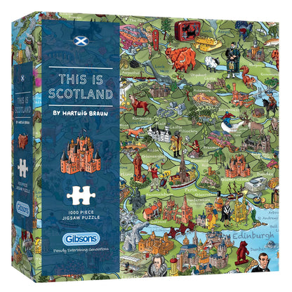 1000-piece Scotland jigsaw puzzle illustrated by Hartwig Braun featuring landmarks, Highlands scenery and iconic Scottish symbols.