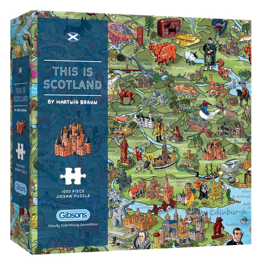 1000-piece Scotland jigsaw puzzle illustrated by Hartwig Braun featuring landmarks, Highlands scenery and iconic Scottish symbols.