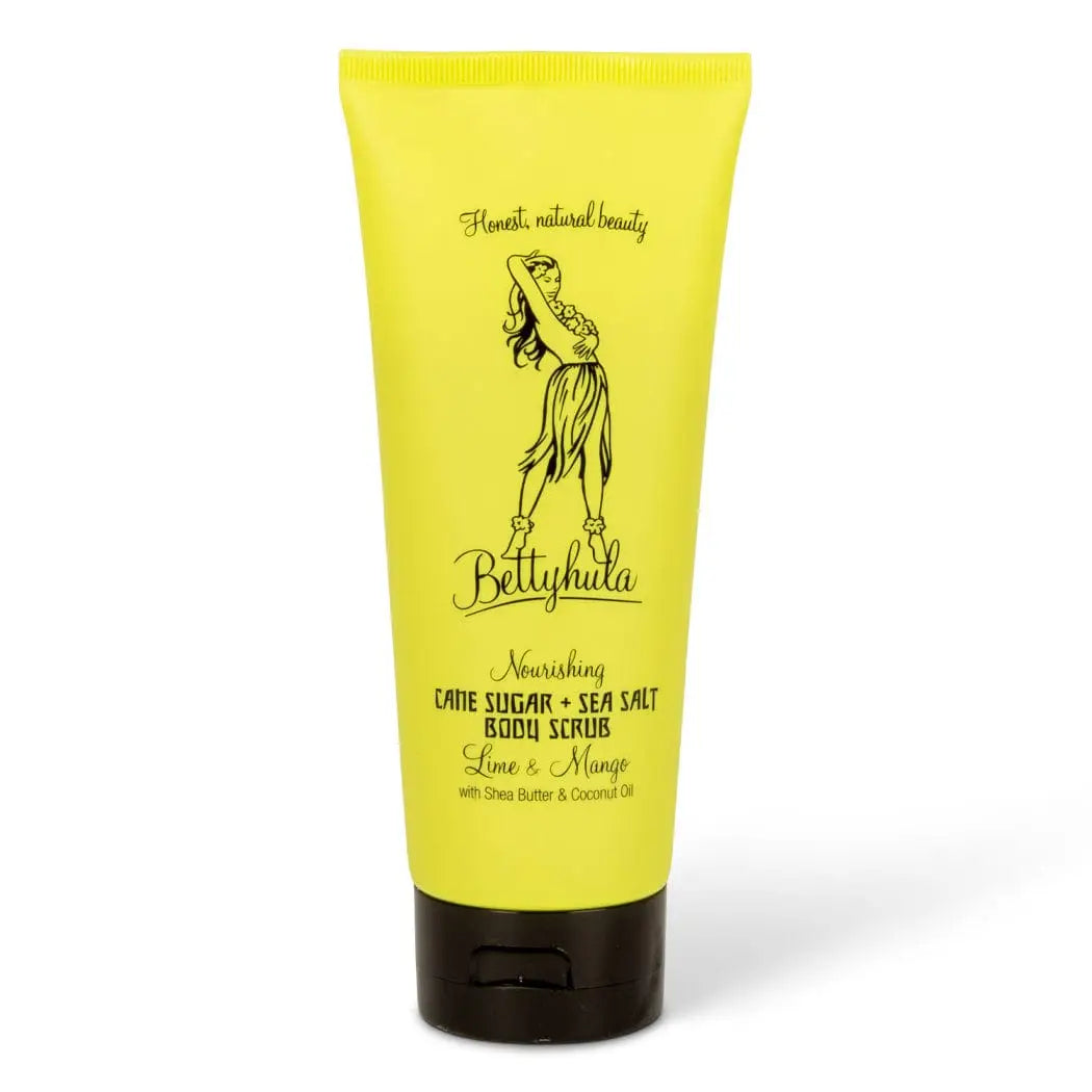 Lime and Mango Body Scrub with shea butter and sea salt for exfoliating and moisturizing skin.