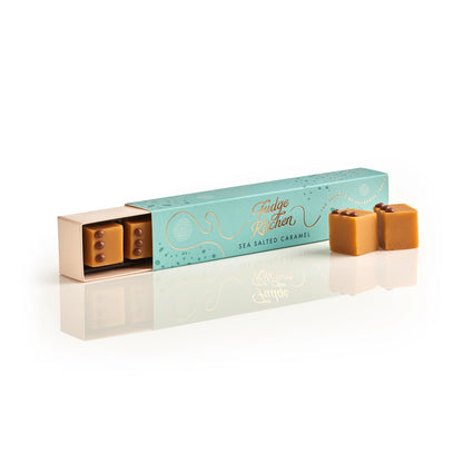 Fudge Kitchen Sea Salted Caramel six-piece fudge gift box with caramel fudge pieces.