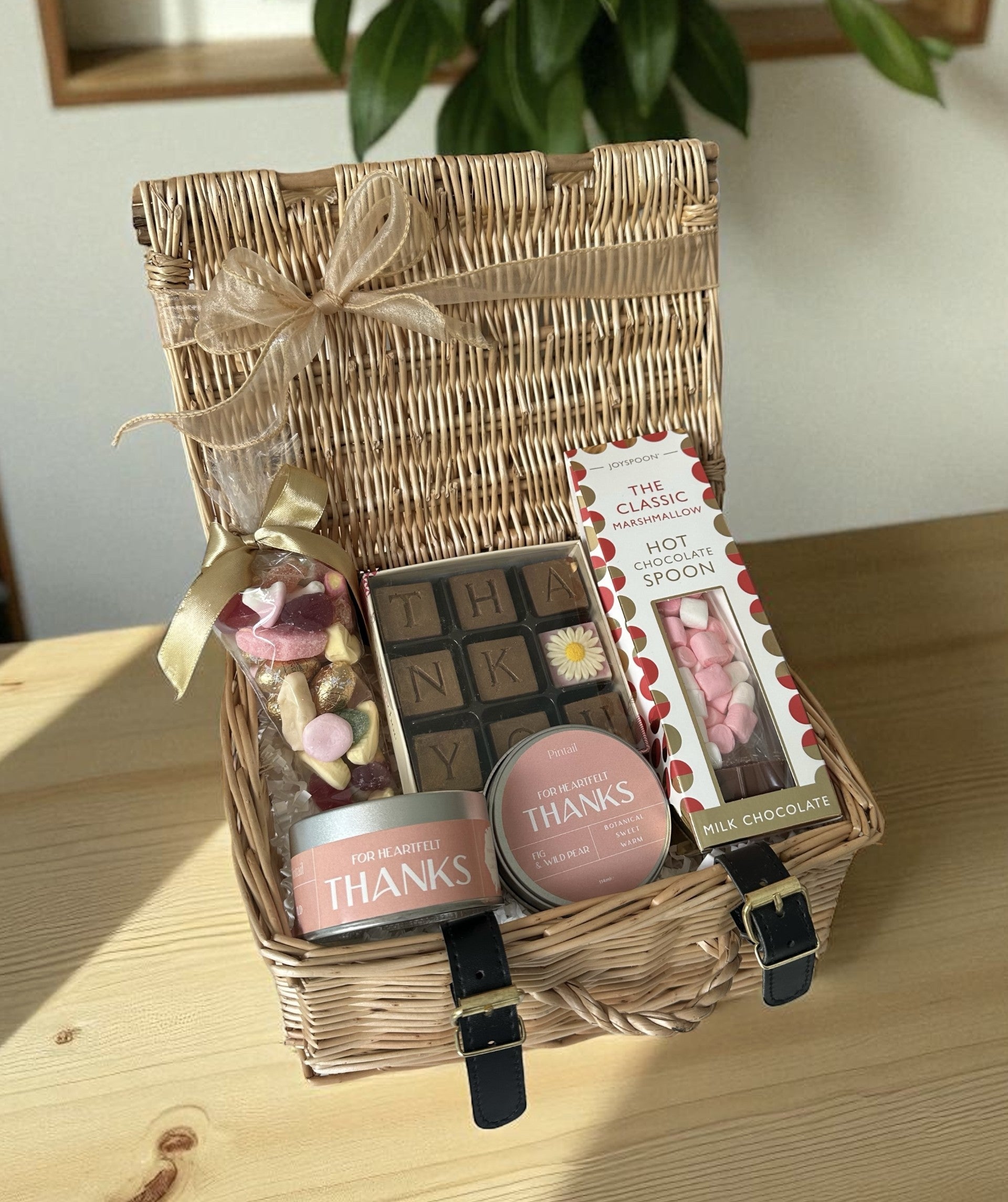 thank you mini gift hamper with chocolates, thank you candle, sweet cone and hot chocolate