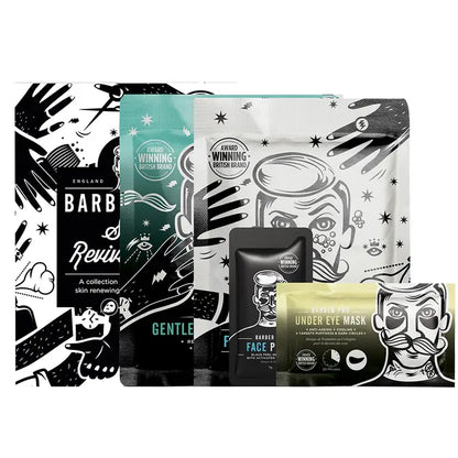 Men's Skin Revival Kit with cleansing mask, sheet mask, peel-off mask, and under-eye mask for rejuvenated skin.