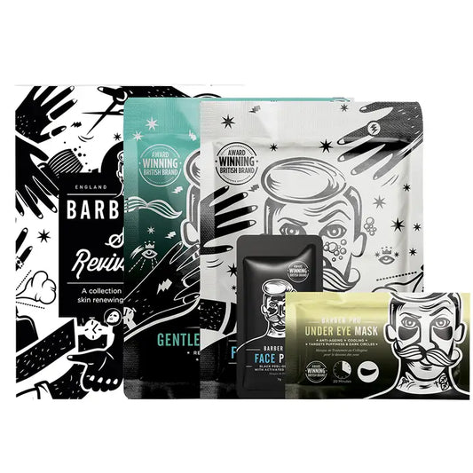 Men's Skin Revival Kit with cleansing mask, sheet mask, peel-off mask, and under-eye mask for rejuvenated skin.