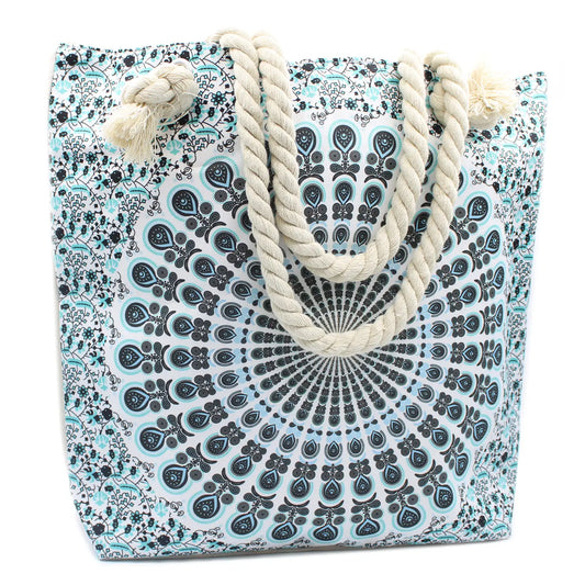 Sky Blue Mandala Bag with Rope Handles and Zip Closure