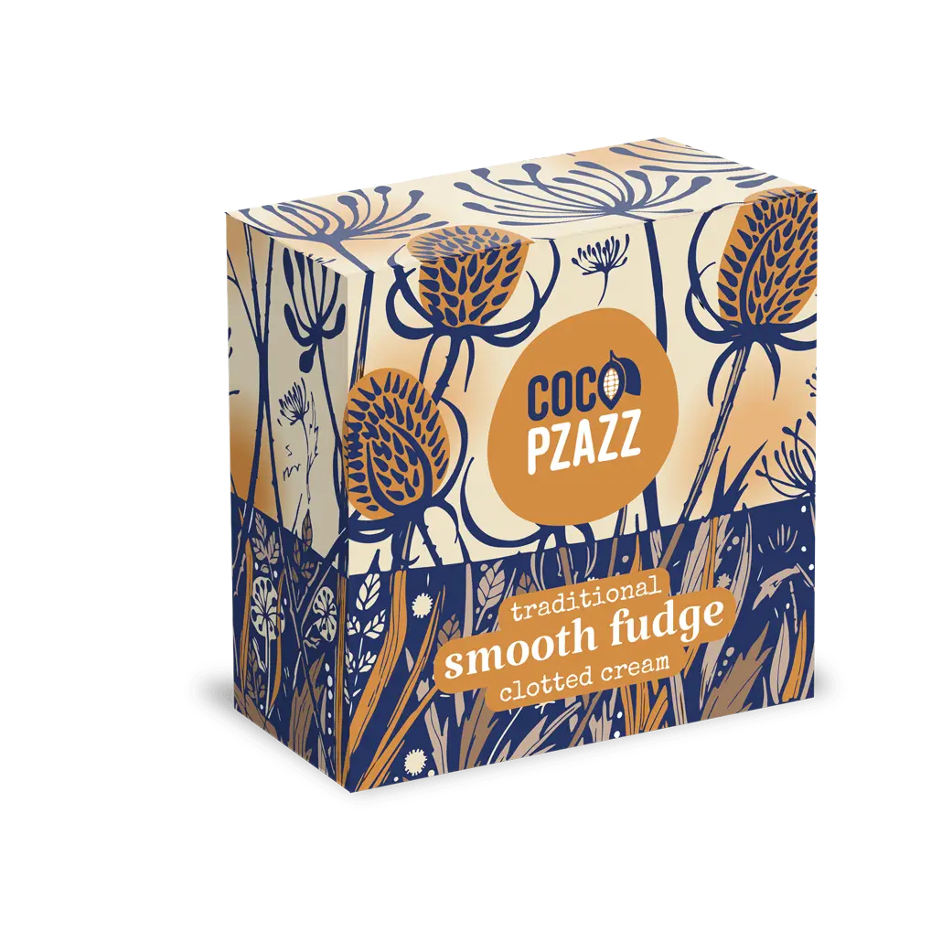 Hand-cut clotted cream flavoured fudge by Coco Pzazz with luxury illustrated packaging.