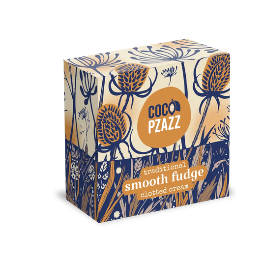 Hand-cut clotted cream flavoured fudge by Coco Pzazz with luxury illustrated packaging.