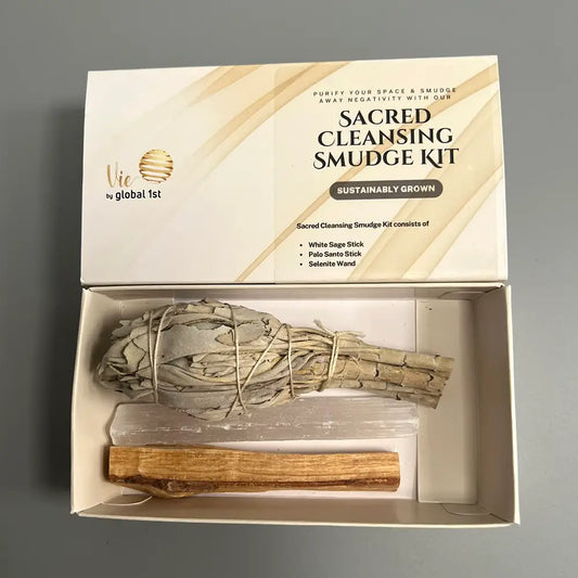 White Sage Sacred Cleansing Smudge Kit with Sage Stick, Palo Santo, and Selenite Wand for energy purification and meditation.