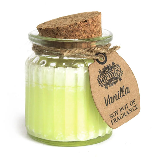 Vanilla Soy Pot of Fragrance candle in a glass jar with cork lid.