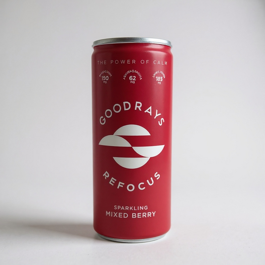Red can of Goodrays Refocus sparkling mixed berry drink on a white background