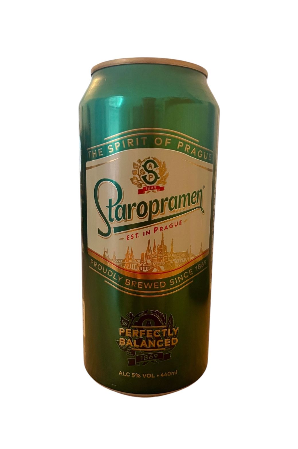 Staropramen Premium Czech Style Pilsner Lager can with green and gold design.