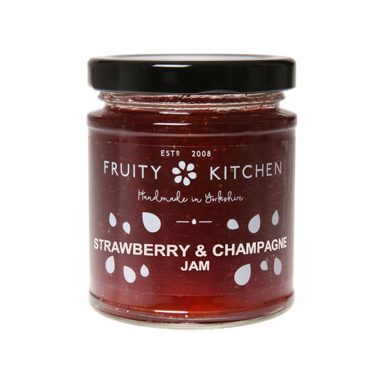 Strawberry and Champagne Jam in a glass jar from Fruity Kitchen.