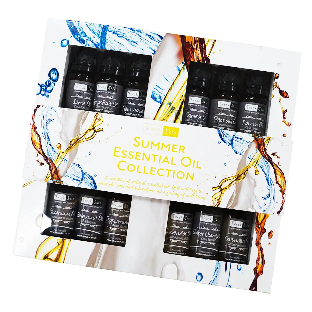 Summer Essential Oil Kit with 12 oils in 10ml amber glass bottles, perfect for homemade beauty and homeware products.