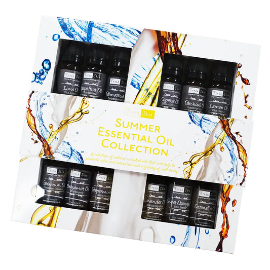 Summer Essential Oil Kit with 12 natural essential oils in 10ml amber glass bottles, ideal for homemade candles, soaps, and beauty products.