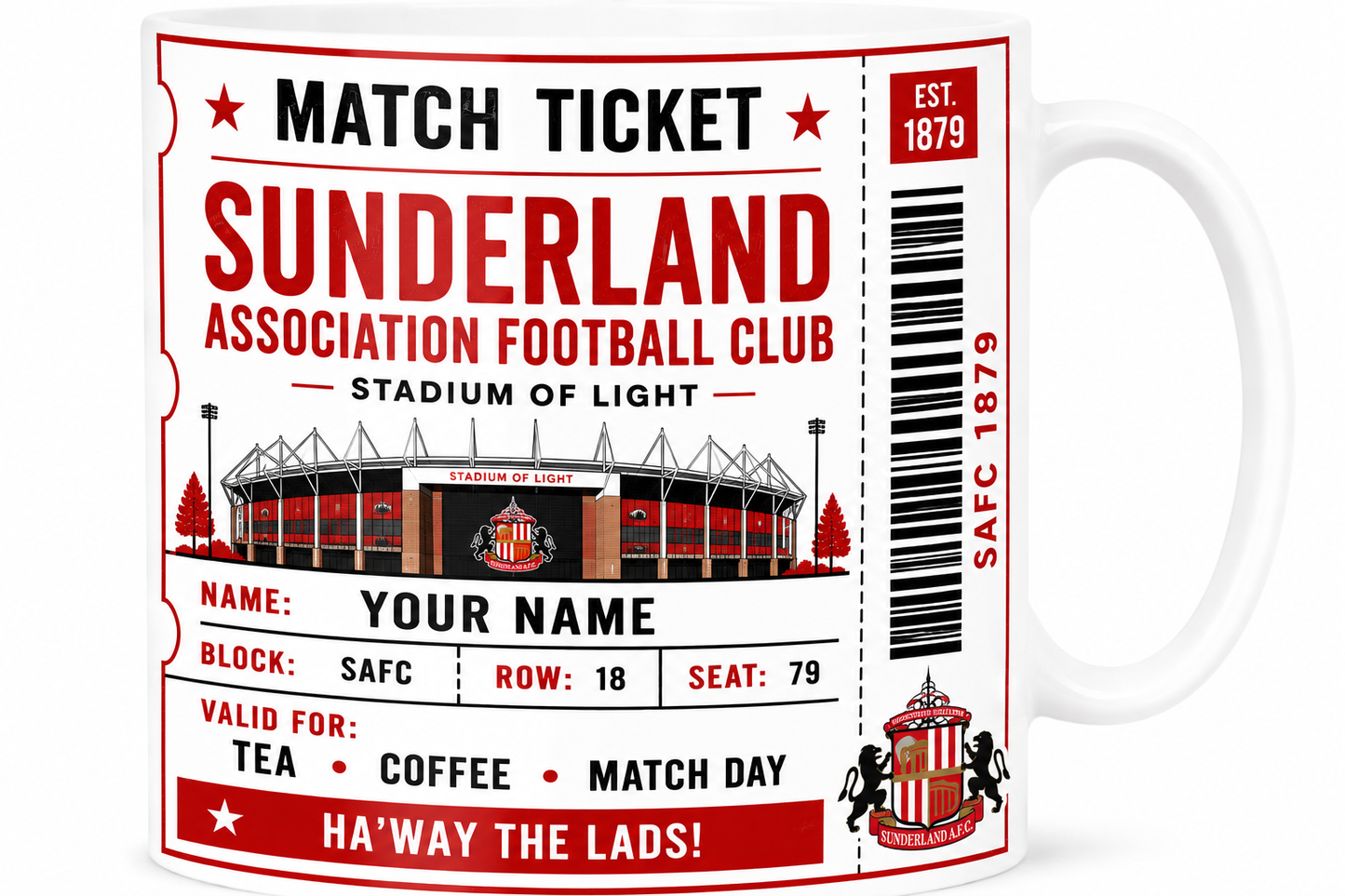 Mug with Sunderland Association Football Club ticket design on a white background