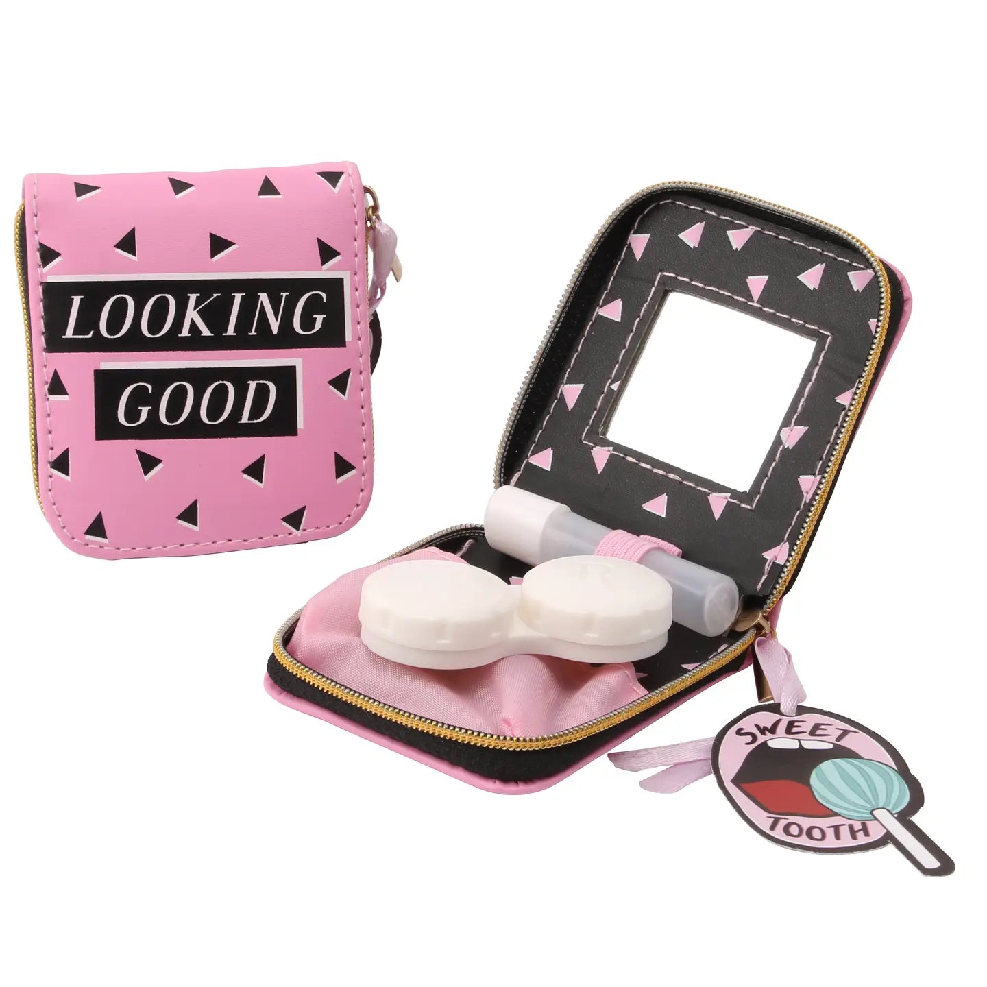 ‘Looking Good’ contact lens case with built-in mirror and bold, fun design.