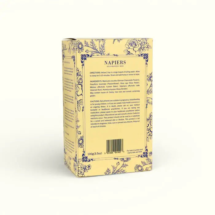 Sweet Sleeps loose-leaf herbal tea blend with chamomile, passionflower, rose petals, lemon balm and valerian root.