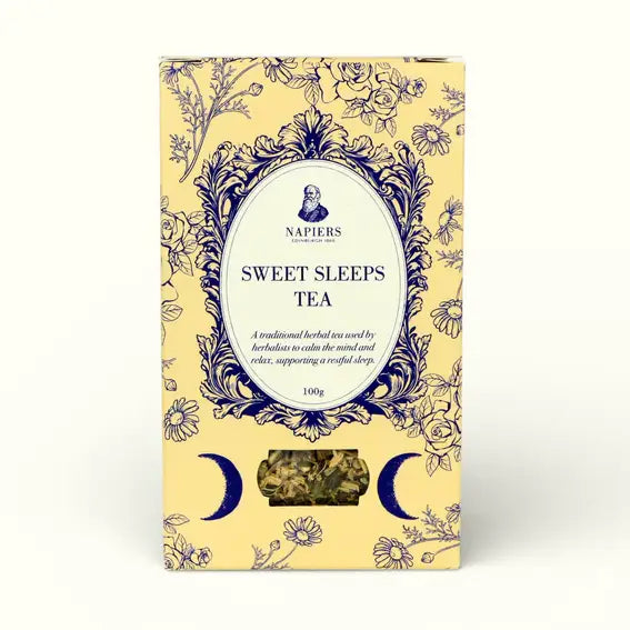 Sweet Sleeps loose-leaf herbal tea blend with chamomile, passionflower, rose petals, lemon balm and valerian root.