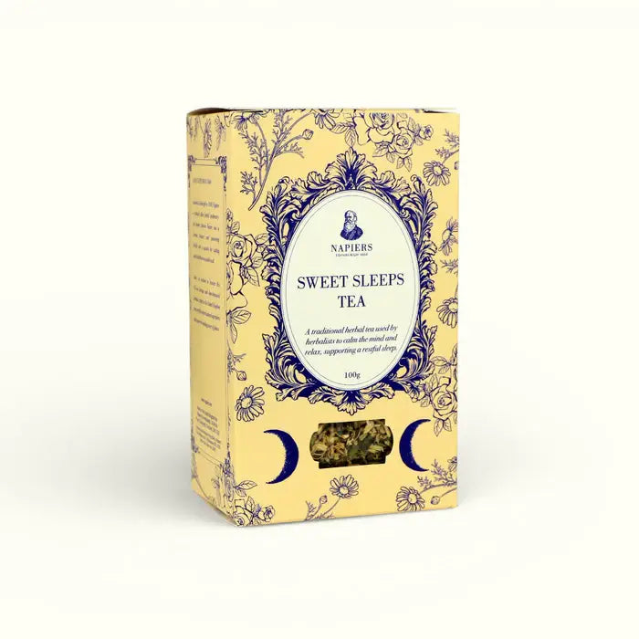 Sweet Sleeps loose-leaf herbal tea blend with chamomile, passionflower, rose petals, lemon balm and valerian root.
