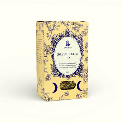 Sweet Sleeps loose-leaf herbal tea blend with chamomile, passionflower, rose petals, lemon balm and valerian root.