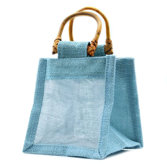 Teal pure jute and cotton small gift bag with wooden handles.