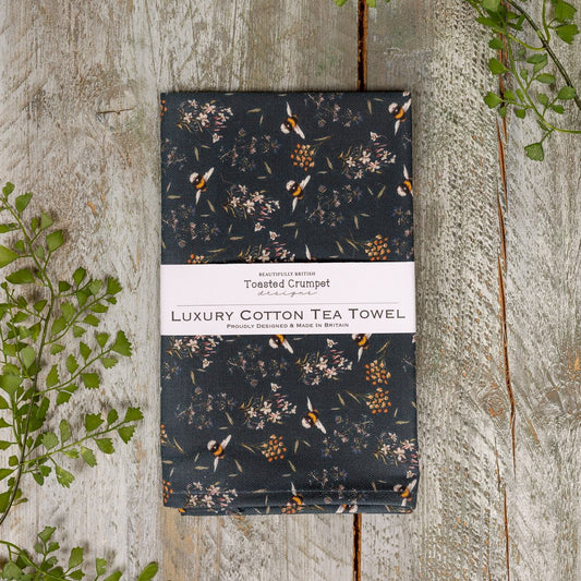 Luxury cotton tea towel with bees and honeysuckle design
