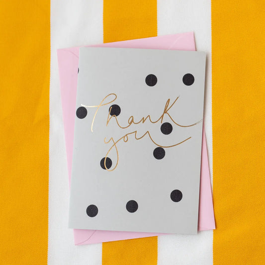 Thank You gold foil grey polka dot card with pink envelope.