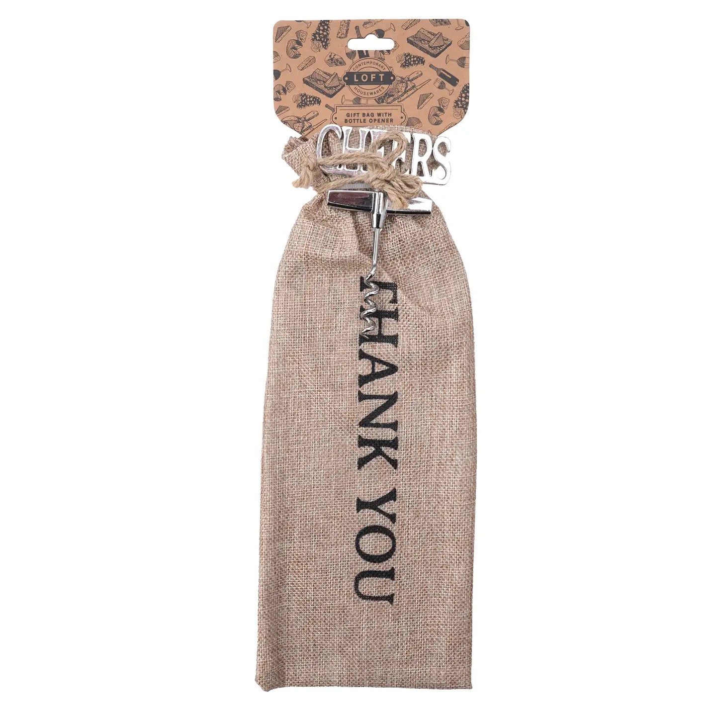 Hessian thank you gift bag with metal bottle opener, perfect for appreciation gifts.
