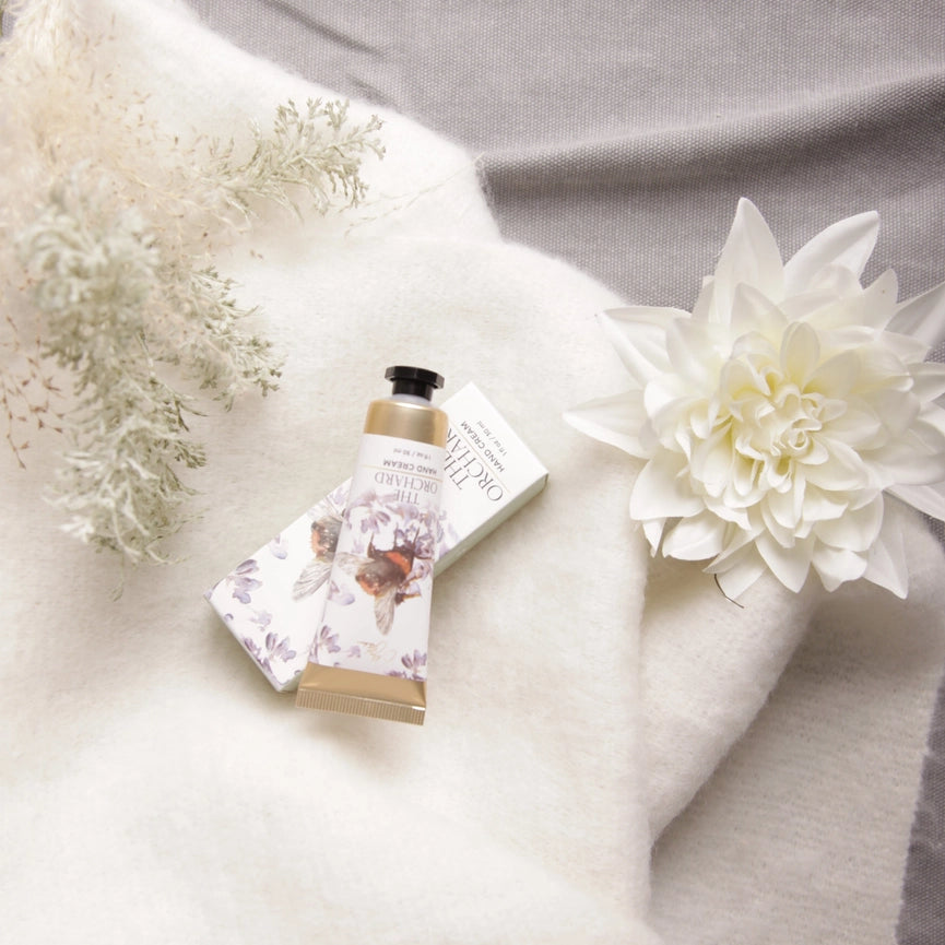 The Orchard Bee on Heather design hand cream by Meg Hawkins with bergamot, lime and verbena scent
