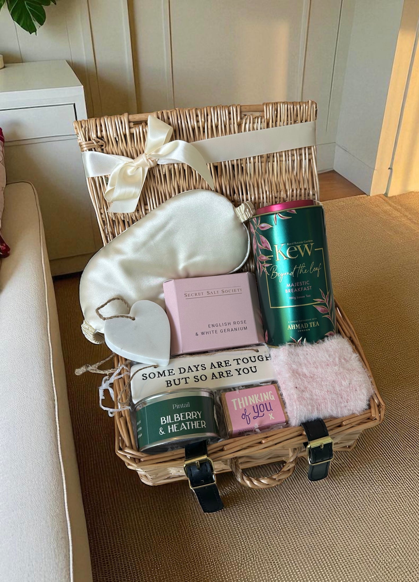 thinking of you gift with satin eye mask, tea, fluffy socks, candle, sign and more