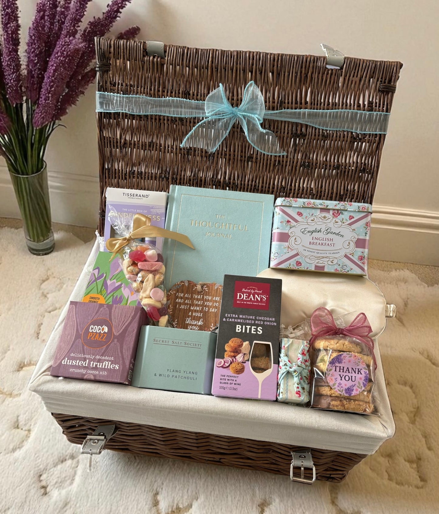 Thank you hamper for her with journal, tea, truffles, mindfulness set, biscuits, sweets, and candle – thoughtful gift for women.