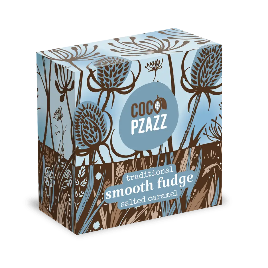Coco Pzazz fudge box with floral design on a white background