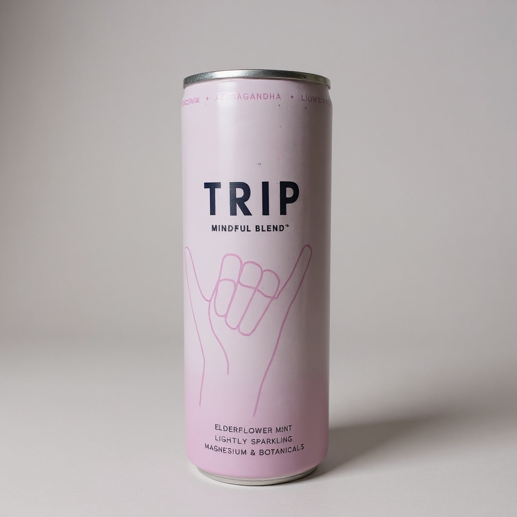 Pink can with 'TRIP' branding on a light gray background