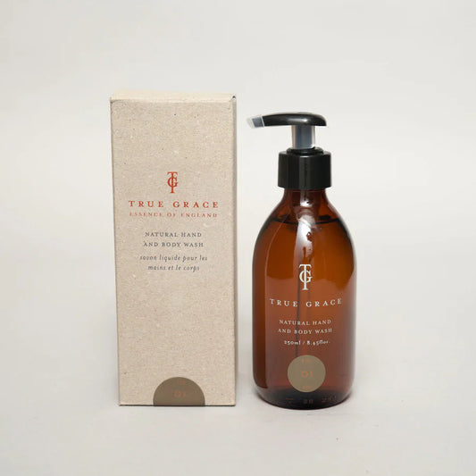 True Grace Natural Hand and Body Wash Fig 240ml in amber glass bottle with pump, soothing and moisturizing.