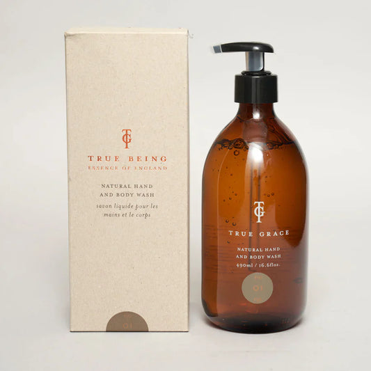 True Grace Fig Luxury Hand and Body Wash 490ml in amber bottle with box.