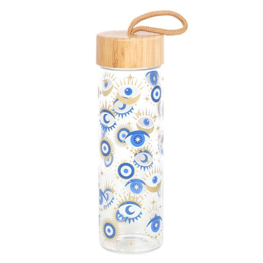 All Seeing Eye reusable glass water bottle with bamboo lid and mystical design.