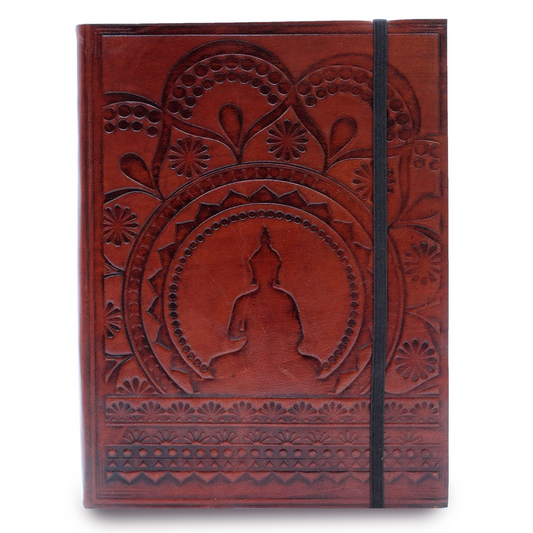 Elegant leather bound Tibetan Mandala notebook with embossed cover and strap.