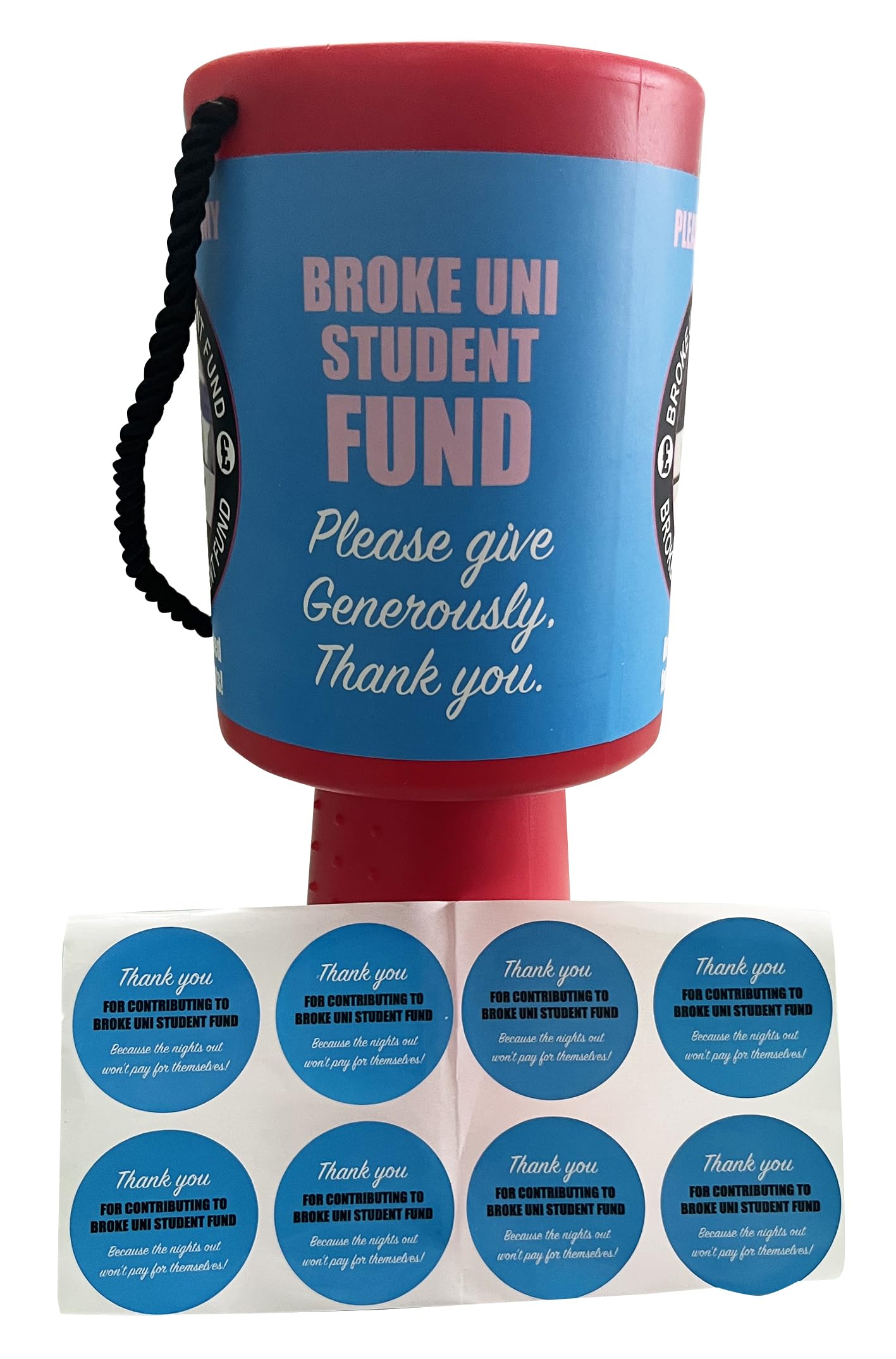 Uni Student Charity Fund Money Box with humorous design for saving money.